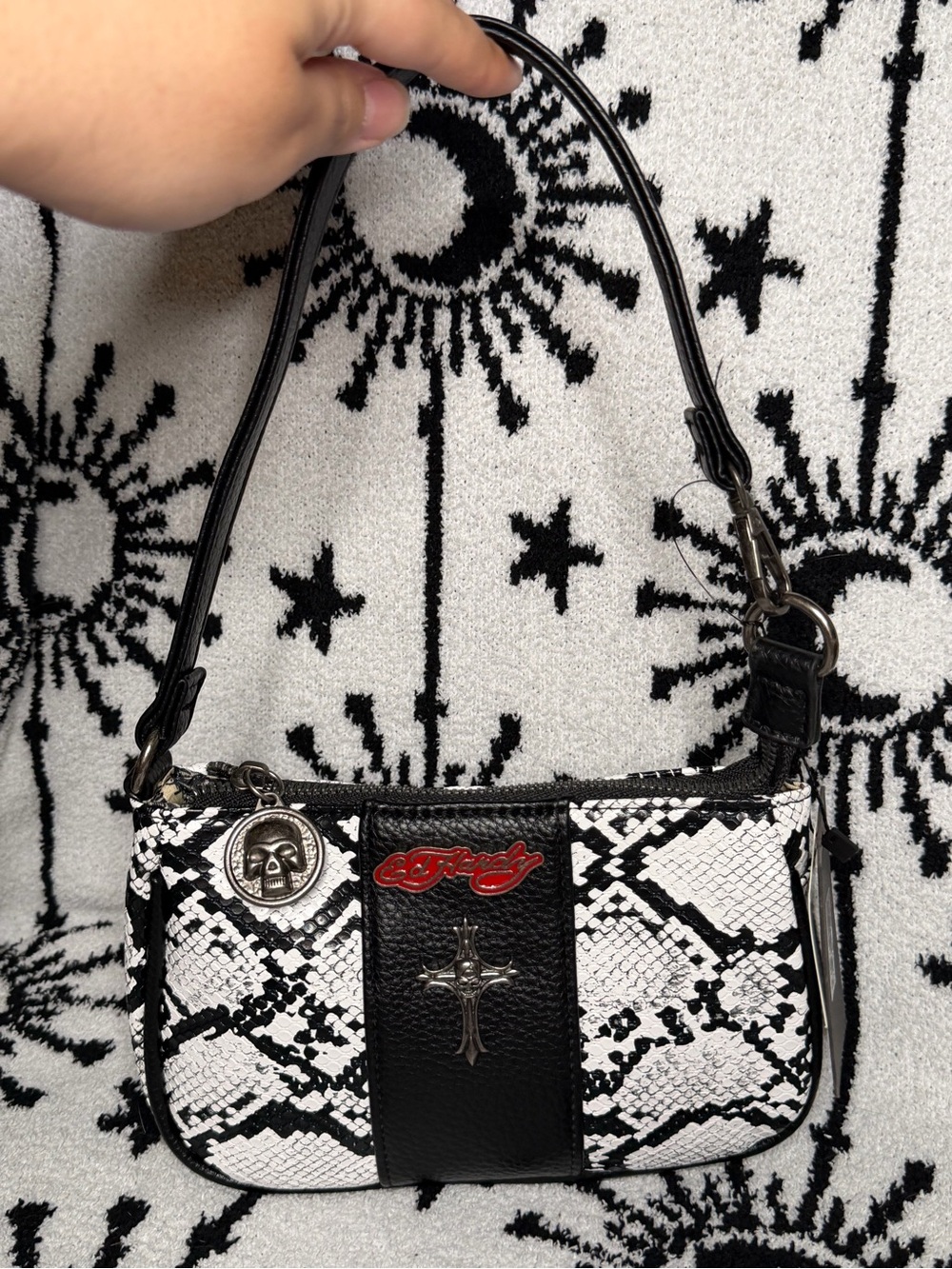 Ed Hardy Viral Black & White Snake Print Mini Bag with Silver Skull Hardware